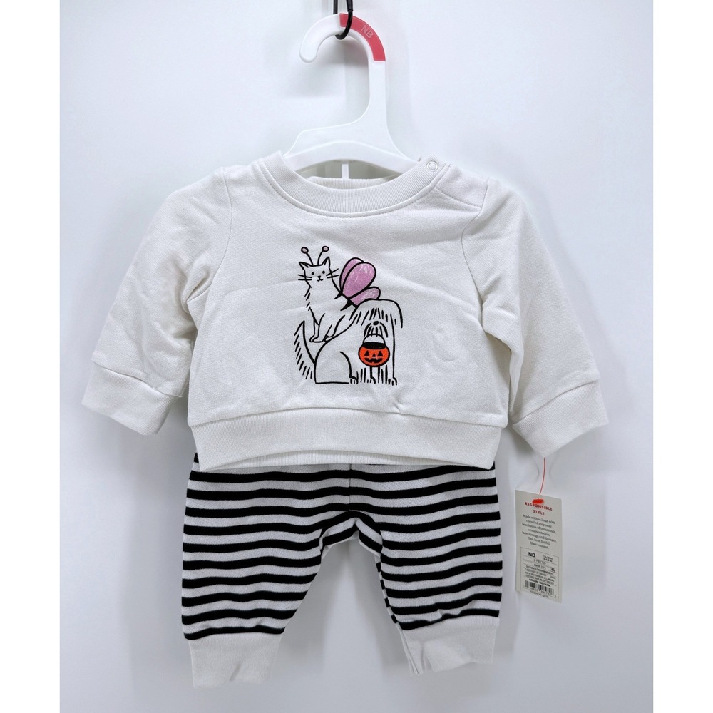 Cat & Jack Newborn Halloween Cat Dog Sweatshirt and Striped Pants Set